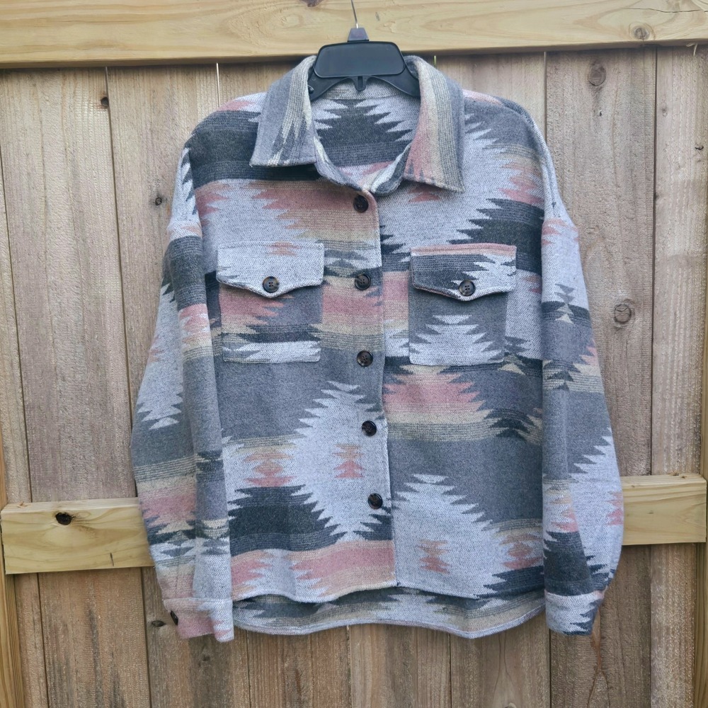 Southwestern Aztec Shacket Ranchwear Cozy Coastal Cowgirl Blanket Jacket Medium